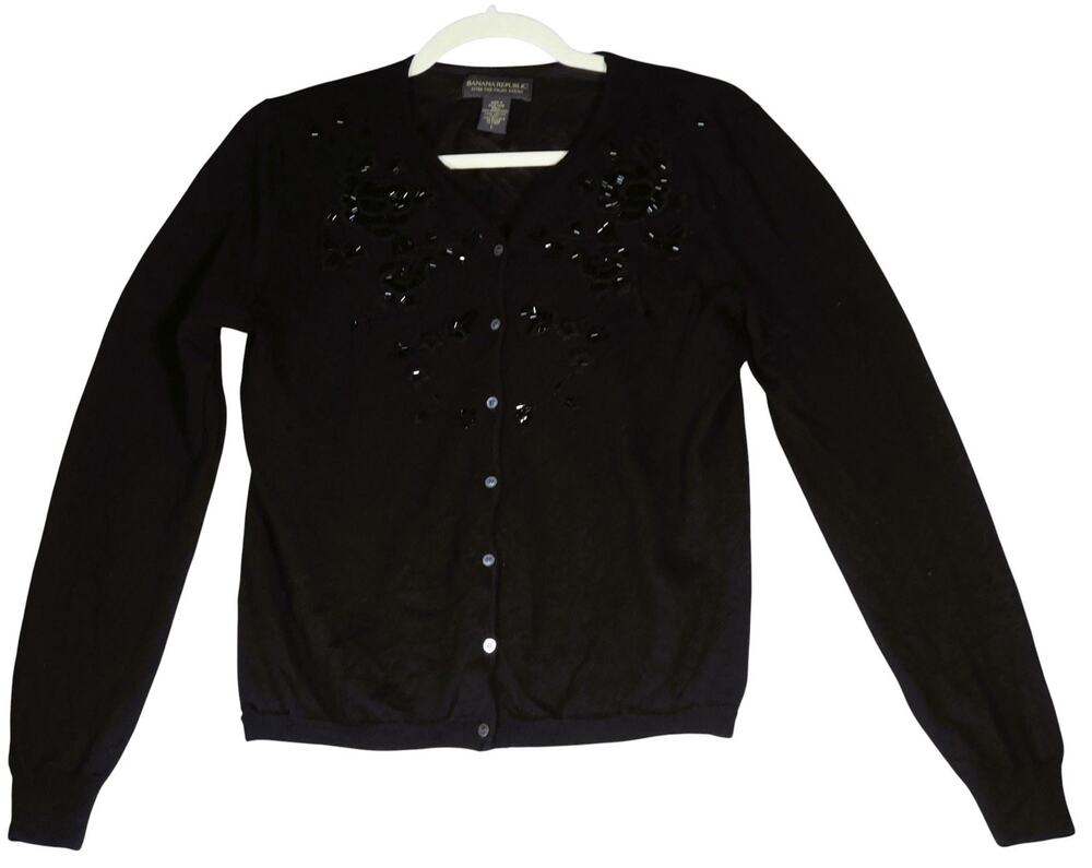 Vintage Banana Republic Cardigan Sweater Womens Large Black Beaded Wool Silk
